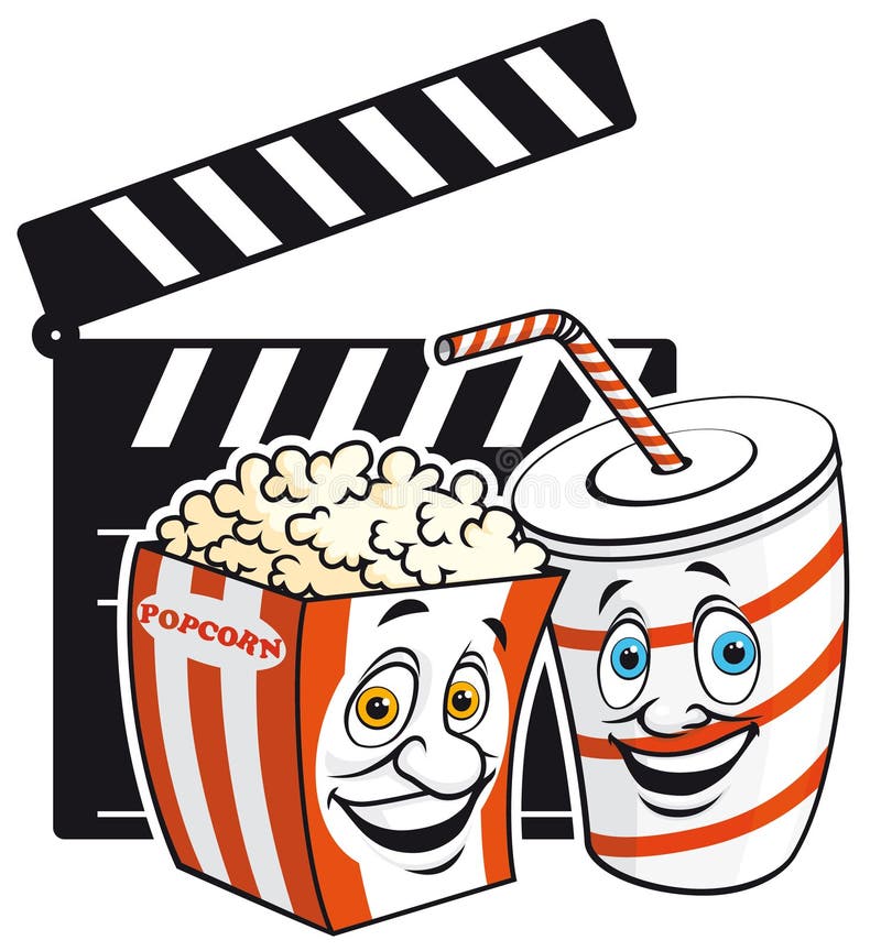 Vector illustration Popcorn amd drink mascots on film slate. Vector illustration Popcorn amd drink mascots on film slate