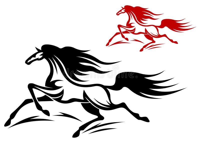 Two running horse mascots, red and black,isolated on white background. Two running horse mascots, red and black,isolated on white background