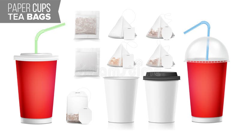 De meeneemokerdocument Koppen, Theezakjes bespotten omhoog Vector Grote Kleine Koffiekop Kola, het Malplaatje van de Frisdrankenk stock illustratie De meeneemokerdocument Koppen, Theezakjes bespotten omhoog Vector Grote Kleine Koffiekop Kola, het Malplaatje van de Frisdrankenk stock illustratie