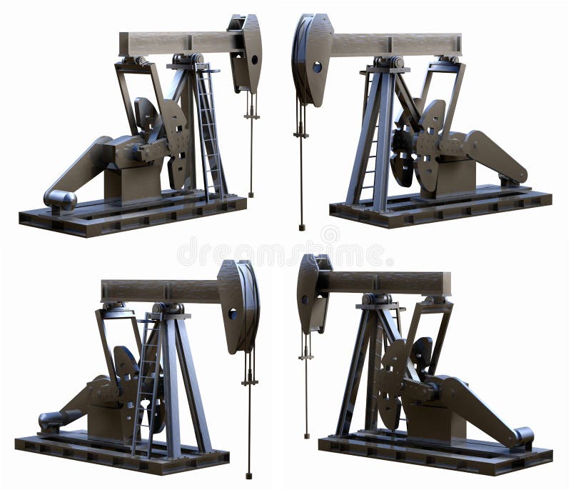 3D illustration depicting four isolated views of a pump jack (oil pump). 3D illustration depicting four isolated views of a pump jack (oil pump)