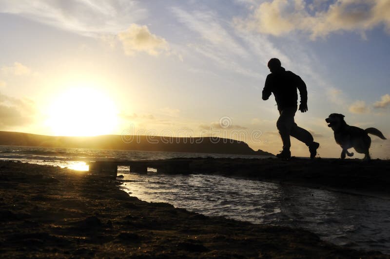 De Mens die van het silhouet met Hond loopt. stock foto's De Mens die van het silhouet met Hond loopt. stock foto's