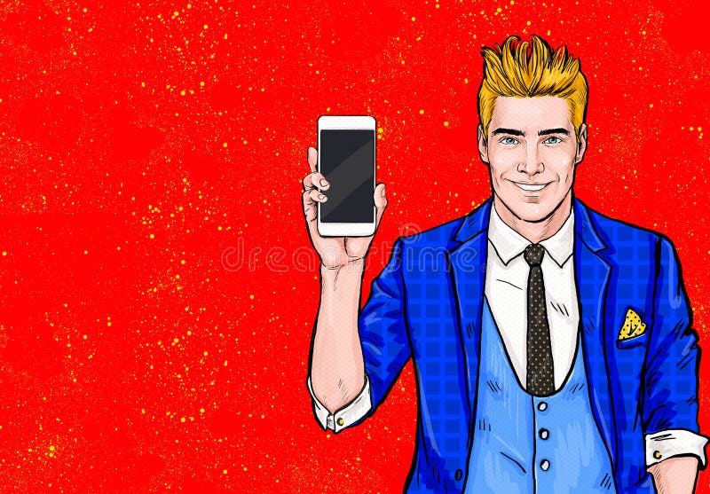 De mens met smartphone in dient grappige stijl in Mens met telefoon Mens die mobiele telefoon tonen Digitale reclame Iphone, cell royalty-vrije illustratie De mens met smartphone in dient grappige stijl in Mens met telefoon Mens die mobiele telefoon tonen Digitale reclame Iphone, cell royalty-vrije illustratie