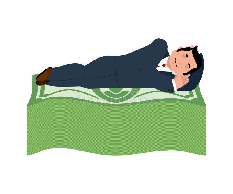 De mens slaapt op dollars Geld onder bed rijkdom Partij van contant geld royalty-vrije illustratie De mens slaapt op dollars Geld onder bed rijkdom Partij van contant geld royalty-vrije illustratie