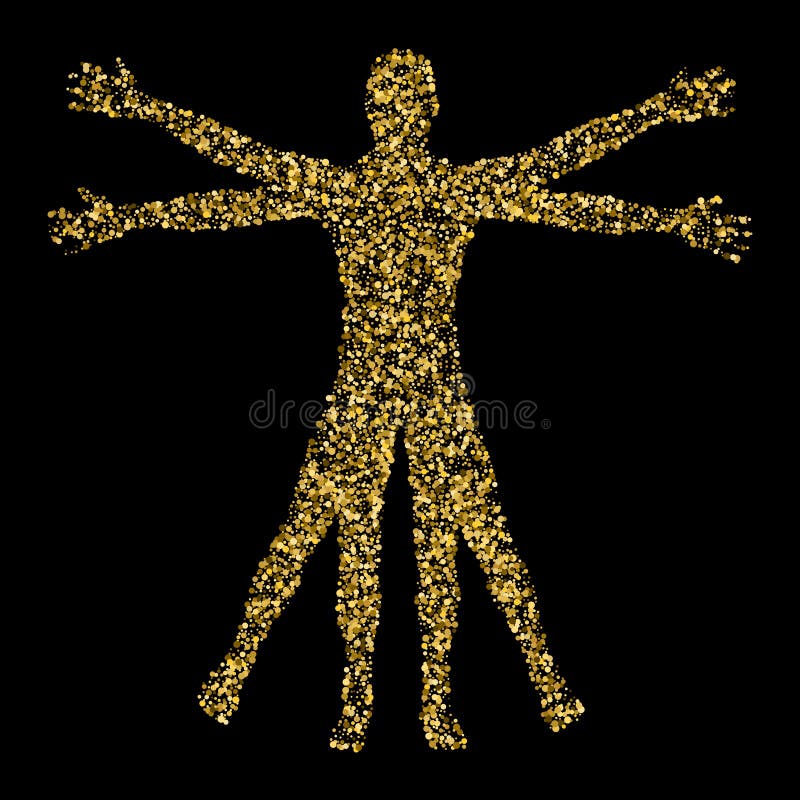 De mens van Vitruvian Het concept gouden die confettien op schetsen langs worden gebaseerd vector illustratie De mens van Vitruvian Het concept gouden die confettien op schetsen langs worden gebaseerd vector illustratie