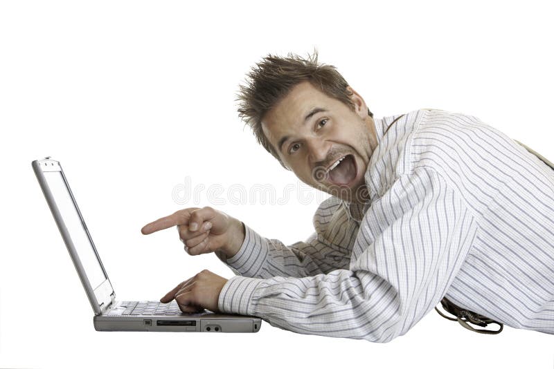 De mens vindt iets interesserend op laptop royalty-vrije stock foto's De mens vindt iets interesserend op laptop royalty-vrije stock foto's