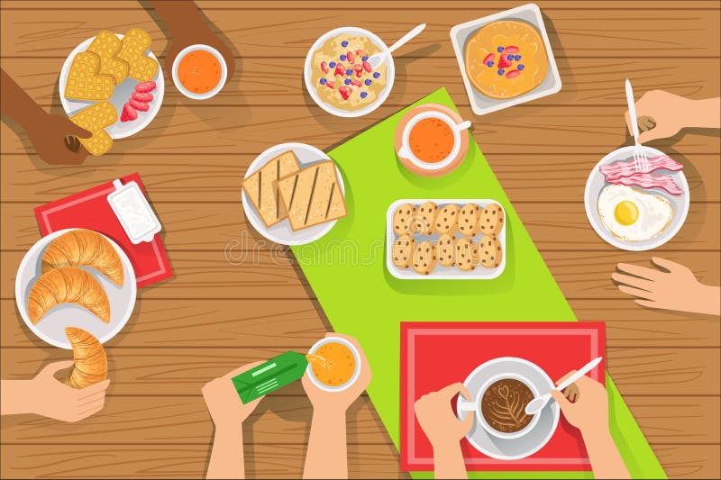 De mensen die Verschillende Ontbijtmaaltijd eten bekijken samen hierboven van vector illustratie De mensen die Verschillende Ontbijtmaaltijd eten bekijken samen hierboven van vector illustratie