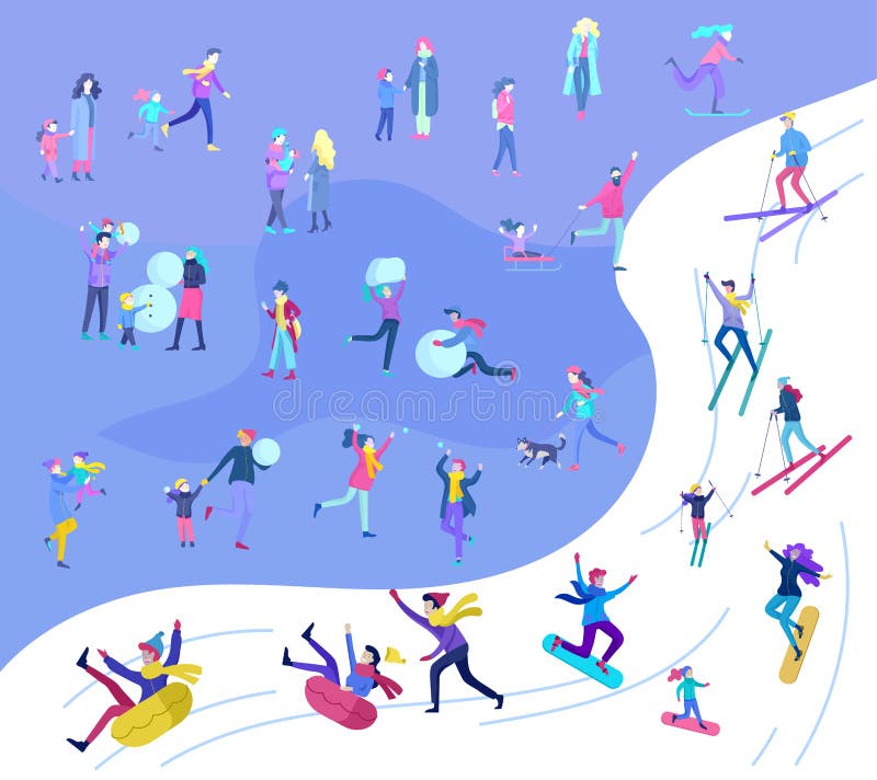 De mensen kleedden zich in de winterkleren of bovenkleding uitvoerend openluchtactiviteitenpret Sneeuwfestival, die en snowboard royalty-vrije illustratie De mensen kleedden zich in de winterkleren of bovenkleding uitvoerend openluchtactiviteitenpret Sneeuwfestival, die en snowboard royalty-vrije illustratie
