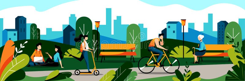 De mensen in stad parkeren Vector vlakke illustratie De lente en de zomer de activiteitenconcept van de weekendvrije tijd De acht stock illustratie De mensen in stad parkeren Vector vlakke illustratie De lente en de zomer de activiteitenconcept van de weekendvrije tijd De acht stock illustratie