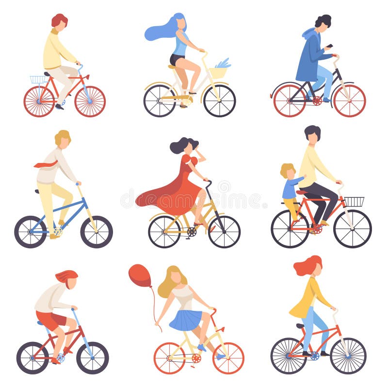 De mensen in Vrijetijdskleding die Fietsen berijden plaatsen, Cirkelend Mannen en Vrouwen die, of Vector uitoefenen ontspannen ga royalty-vrije illustratie De mensen in Vrijetijdskleding die Fietsen berijden plaatsen, Cirkelend Mannen en Vrouwen die, of Vector uitoefenen ontspannen ga royalty-vrije illustratie