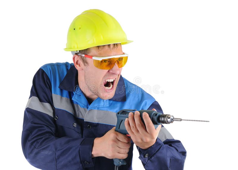 De mensenarbeider van de uitdrukking met een geïsoleerde¯ boor stock foto De mensenarbeider van de uitdrukking met een geïsoleerde¯ boor stock foto