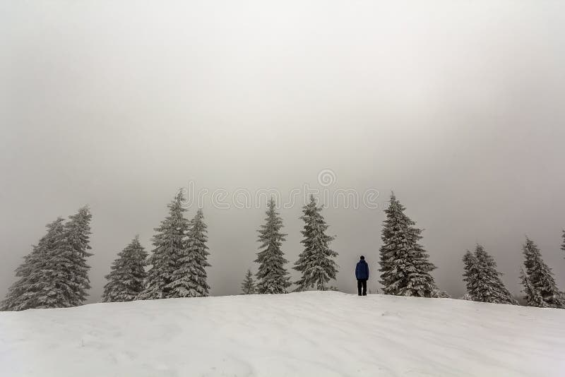 De mensenwandelaar die zich in de wintersneeuw het behandelde bergen genieten bevinden van wedijvert stock foto's De mensenwandelaar die zich in de wintersneeuw het behandelde bergen genieten bevinden van wedijvert stock foto's