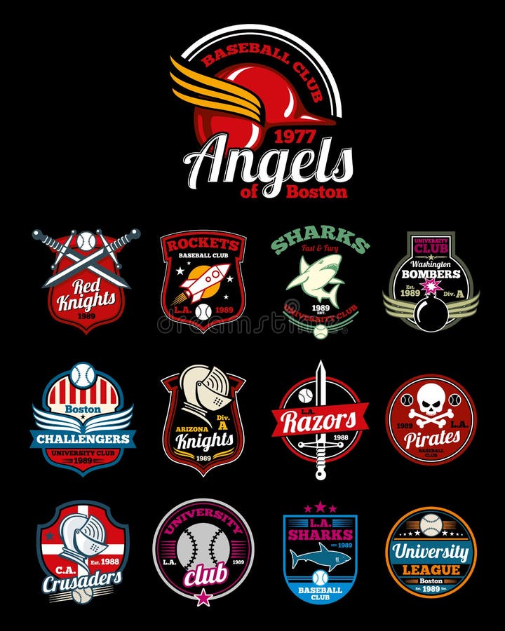 De middelbare school, de universiteits en de hogeschool van sportenteams vectorkleurenkentekens stock illustratie De middelbare school, de universiteits en de hogeschool van sportenteams vectorkleurenkentekens stock illustratie