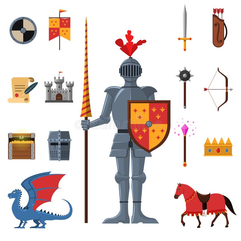De middeleeuwse vlakke geplaatste pictogrammen van koninkrijksridders stock illustratie De middeleeuwse vlakke geplaatste pictogrammen van koninkrijksridders stock illustratie