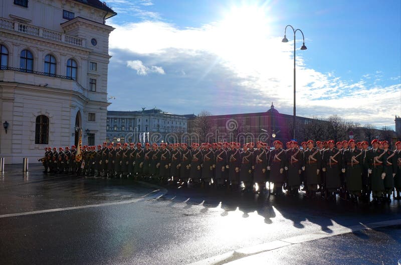 De militairen van het Oostenrijkse leger op de wacht van eer dichtbij het Hofburg-Paleis royalty-vrije stock afbeeldingen De militairen van het Oostenrijkse leger op de wacht van eer dichtbij het Hofburg-Paleis royalty-vrije stock afbeeldingen