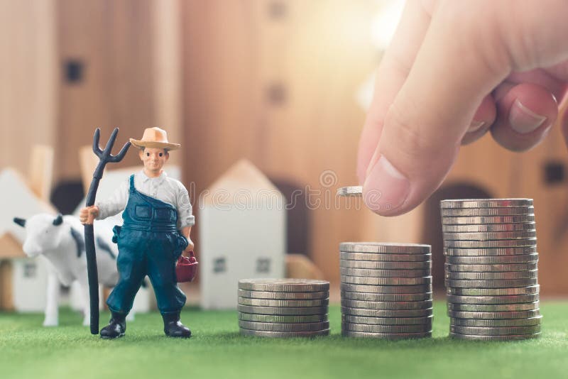De miniatuurlandbouwer en de koe stellen model voor, Hand die de stapel van het geldmuntstuk op Simulatiegras zetten royalty-vrije stock afbeelding De miniatuurlandbouwer en de koe stellen model voor, Hand die de stapel van het geldmuntstuk op Simulatiegras zetten royalty-vrije stock afbeelding