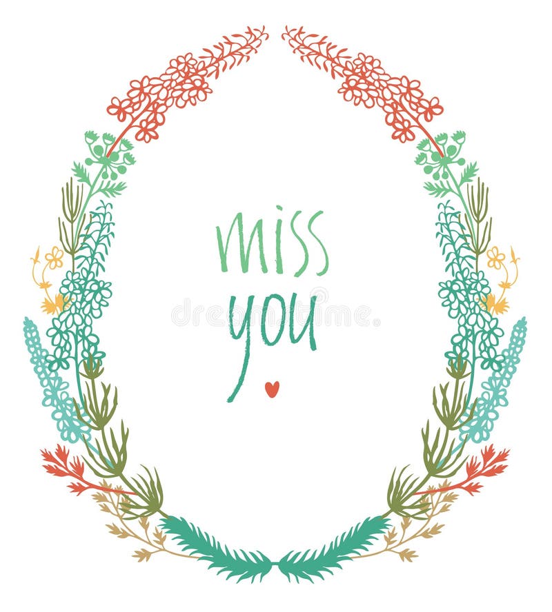 Miss you design card with colorful floral vignette and heart. Miss you design card with colorful floral vignette and heart