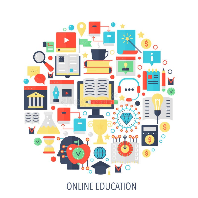 De moderne online pictogrammen van onderwijs vlakke infographics in cirkel - de illustratie van het kleurenconcept voor onderwijs royalty-vrije illustratie De moderne online pictogrammen van onderwijs vlakke infographics in cirkel - de illustratie van het kleurenconcept voor onderwijs royalty-vrije illustratie