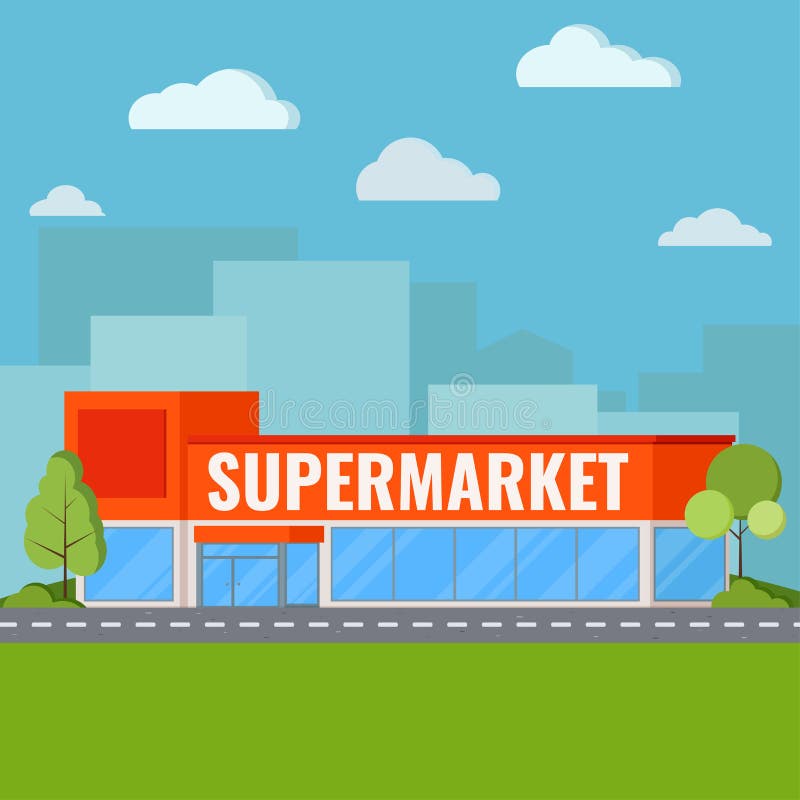 De moderne supermarkt bouw dichtbij wegweg met met struiken en bomen vector illustratie De moderne supermarkt bouw dichtbij wegweg met met struiken en bomen vector illustratie
