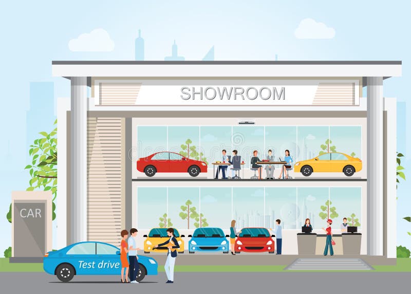 De moderne toonzaal van het autohandel drijven met de dienst van de ontvangstklant vector illustratie De moderne toonzaal van het autohandel drijven met de dienst van de ontvangstklant vector illustratie