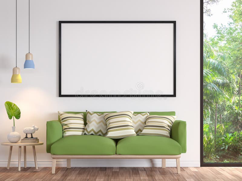 De moderne witte woonkamer met leeg 3d kader geeft beeld terug vector illustratie De moderne witte woonkamer met leeg 3d kader geeft beeld terug vector illustratie