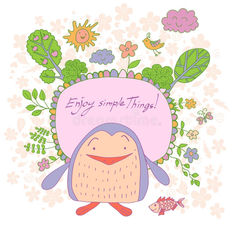 De modieuze die beeldverhaalkaart van leuke bloemen wordt gemaakt, doodled pinguïn royalty-vrije illustratie De modieuze die beeldverhaalkaart van leuke bloemen wordt gemaakt, doodled pinguïn royalty-vrije illustratie