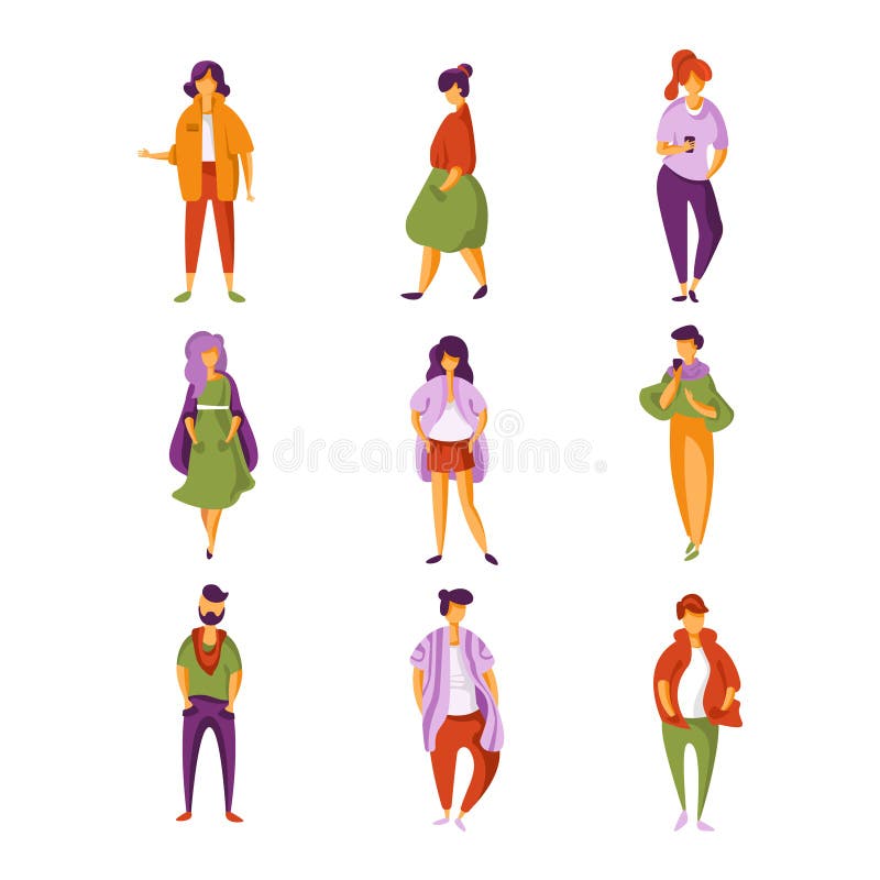 De modieuze modieuze geplaatste mensen, de mannen en de vrouwen kleedden zich in in moderne kleren vectorillustratie op een witte stock illustratie De modieuze modieuze geplaatste mensen, de mannen en de vrouwen kleedden zich in in moderne kleren vectorillustratie op een witte stock illustratie