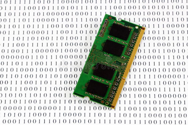 Random Access Memory (RAM) module against binary codes background. Random Access Memory (RAM) module against binary codes background