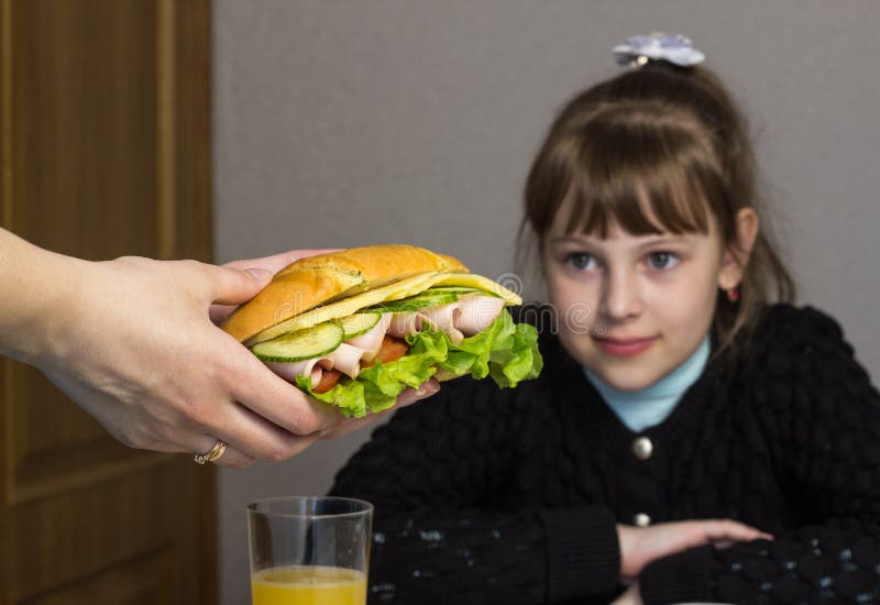 De moeder bereidt een sandwich voor een kind in school voor royalty-vrije stock fotografie De moeder bereidt een sandwich voor een kind in school voor royalty-vrije stock fotografie