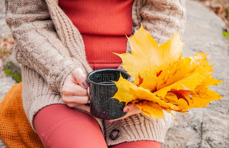 De mok van de vrouwenholding koffie in de handen openlucht Mooie vrouw het drinken koffie in de herfstpark royalty-vrije stock fotografie De mok van de vrouwenholding koffie in de handen openlucht Mooie vrouw het drinken koffie in de herfstpark royalty-vrije stock fotografie