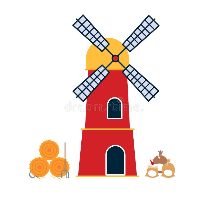 De de molenbouw van de Tradicionalwind met baal van hooi en zakken stock illustratie De de molenbouw van de Tradicionalwind met baal van hooi en zakken stock illustratie