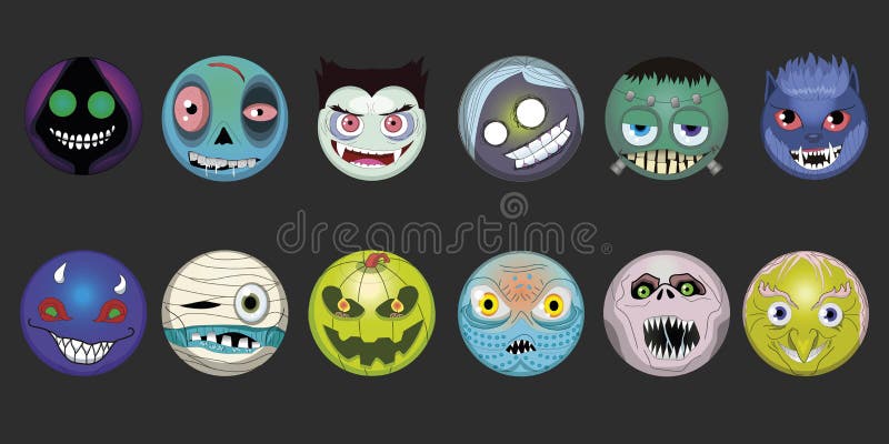 De monsters van Halloween van beeldverhaalemoji glimlachen van de het spook emoticons weerwolf van gezichtsfrankenstein van de de royalty-vrije illustratie De monsters van Halloween van beeldverhaalemoji glimlachen van de het spook emoticons weerwolf van gezichtsfrankenstein van de de royalty-vrije illustratie