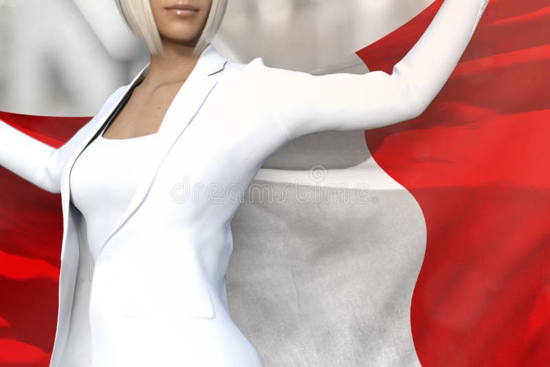 De mooie bedrijfsvrouw houdt de vlag van Peru terug in handen achter haar op de de bureaubouw achtergrond - markeer concepten 3d royalty-vrije illustratie De mooie bedrijfsvrouw houdt de vlag van Peru terug in handen achter haar op de de bureaubouw achtergrond - markeer concepten 3d royalty-vrije illustratie