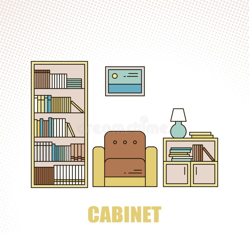 De mooie en kleurrijke vector binnenlandse ruimte van het ontwerpkabinet in in lijnstijl Moderne huisdecoratie minimalistic vector illustratie De mooie en kleurrijke vector binnenlandse ruimte van het ontwerpkabinet in in lijnstijl Moderne huisdecoratie minimalistic vector illustratie