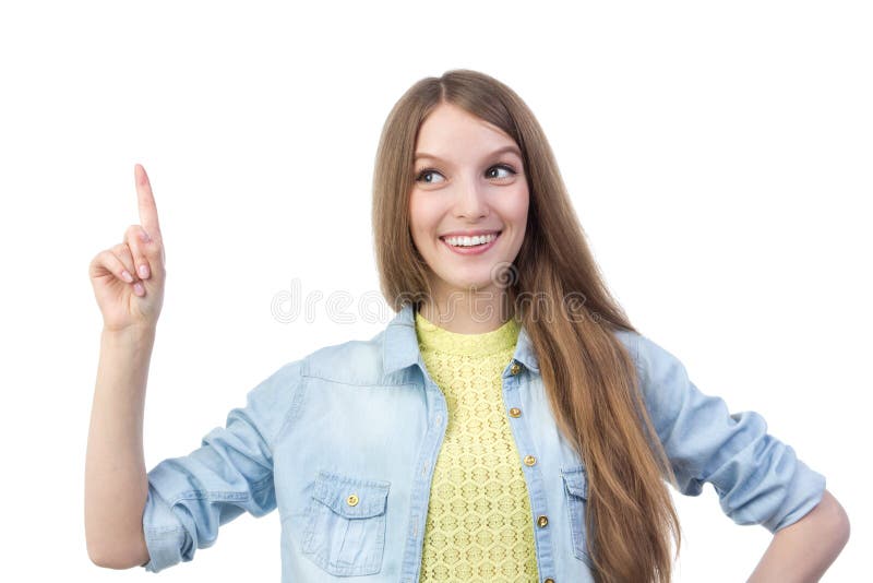 De mooie het glimlachen wijsvinger van de meisjesholding omhoog stock afbeelding De mooie het glimlachen wijsvinger van de meisjesholding omhoog stock afbeelding