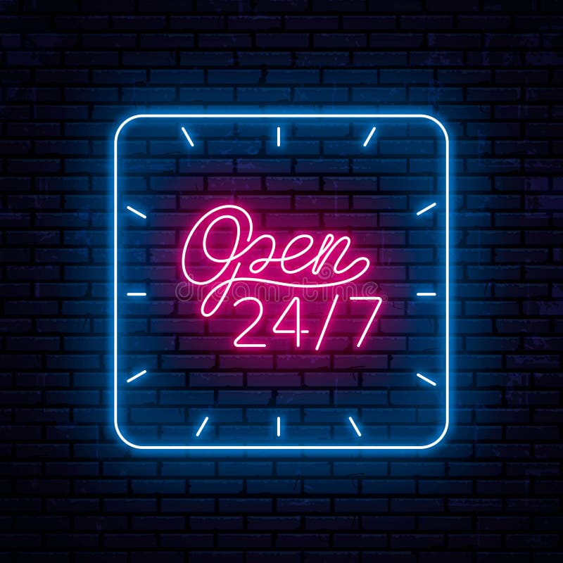 De mooie neoninschrijving opent 7 dagen per week 24 uren royalty-vrije illustratie De mooie neoninschrijving opent 7 dagen per week 24 uren royalty-vrije illustratie