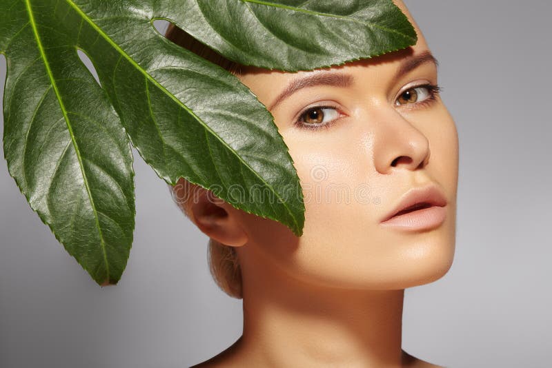 De mooie vrouw past Organisch Schoonheidsmiddel toe Kuuroord en wellness Model met schone huid Gezondheidszorg Beeld met blad royalty-vrije stock afbeeldingen De mooie vrouw past Organisch Schoonheidsmiddel toe Kuuroord en wellness Model met schone huid Gezondheidszorg Beeld met blad royalty-vrije stock afbeeldingen
