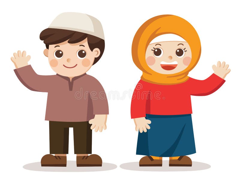 De moslimjonge geitjes zeggen hallo Zij kijken gelukkig Geïsoleerdee vector stock illustratie De moslimjonge geitjes zeggen hallo Zij kijken gelukkig Geïsoleerdee vector stock illustratie