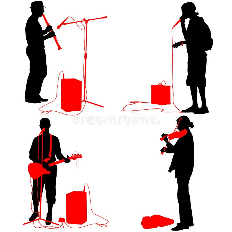 De musici die van reekssilhouetten muzikale instrumenten spelen Vector stock illustratie De musici die van reekssilhouetten muzikale instrumenten spelen Vector stock illustratie