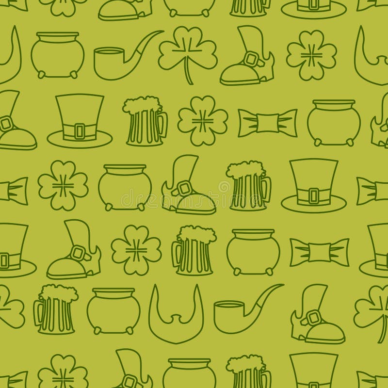 De naadloze achtergrond van de Patricksdag patroon van een oude schoen en een mok vector illustratie De naadloze achtergrond van de Patricksdag patroon van een oude schoen en een mok vector illustratie