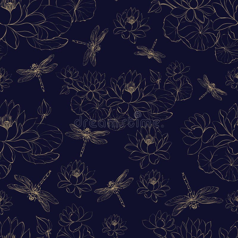 Seamless golden pattern lotus flower and dragonfly. Vector illustrtion. Seamless golden pattern lotus flower and dragonfly. Vector illustrtion.