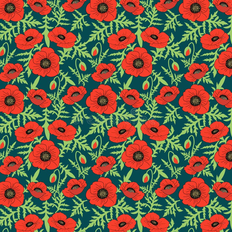 De naadloze bloemen botanische de bloemen groene bladeren van de patroonhand getrokken realistische papaver ontluikt, donkere ach royalty-vrije illustratie De naadloze bloemen botanische de bloemen groene bladeren van de patroonhand getrokken realistische papaver ontluikt, donkere ach royalty-vrije illustratie