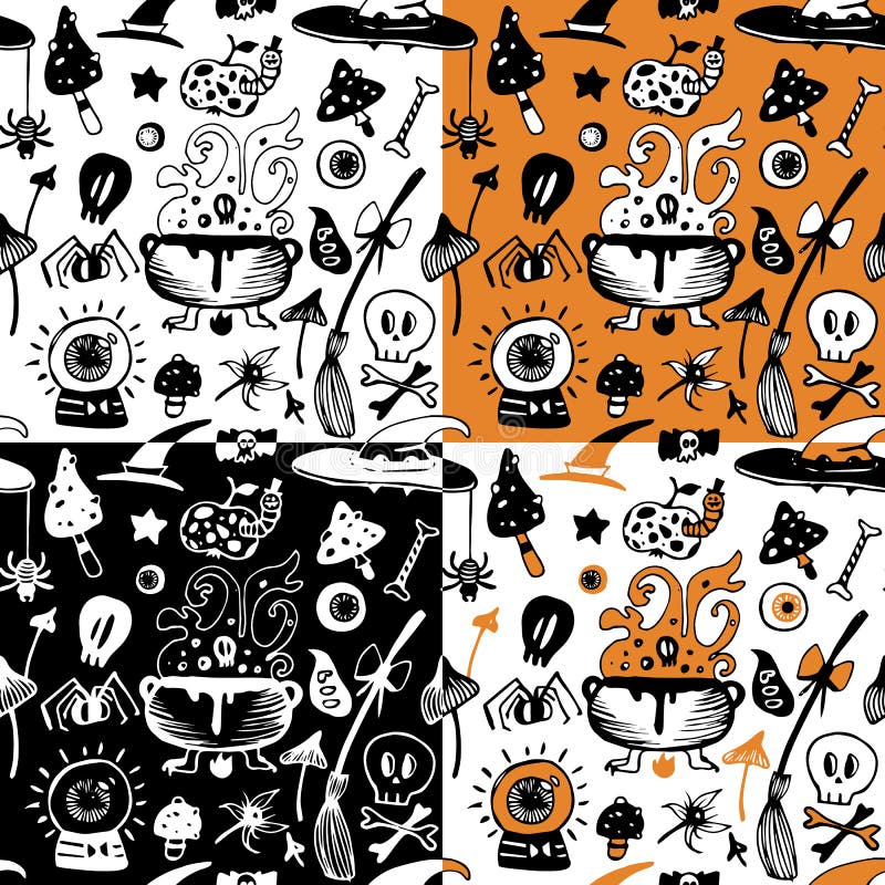 De naadloze reeks van Halloween achtergronden met heksenelementen vector illustratie De naadloze reeks van Halloween achtergronden met heksenelementen vector illustratie