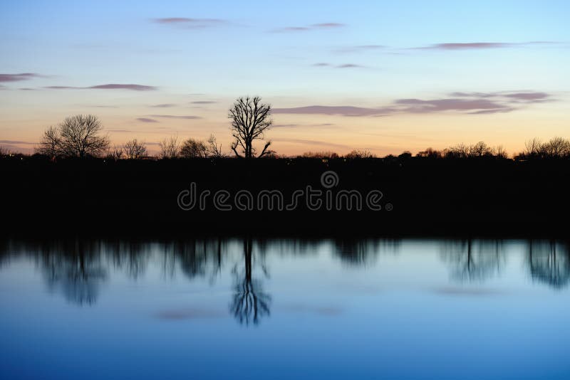 De naakte bomen dachten in een stille rivier na bij zonsondergang stock fotografie De naakte bomen dachten in een stille rivier na bij zonsondergang stock fotografie