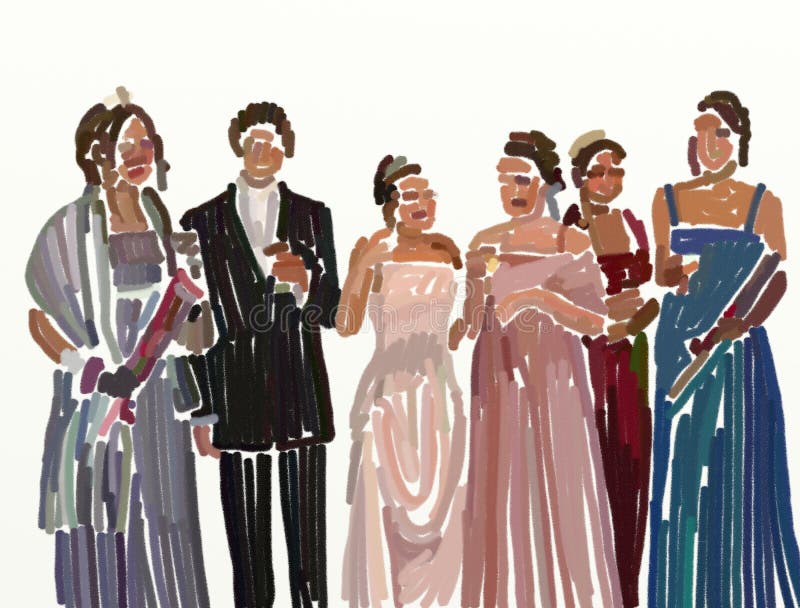 Group of teenagers all dressed up on prom night drawn in loose digital crayon. Group of teenagers all dressed up on prom night drawn in loose digital crayon