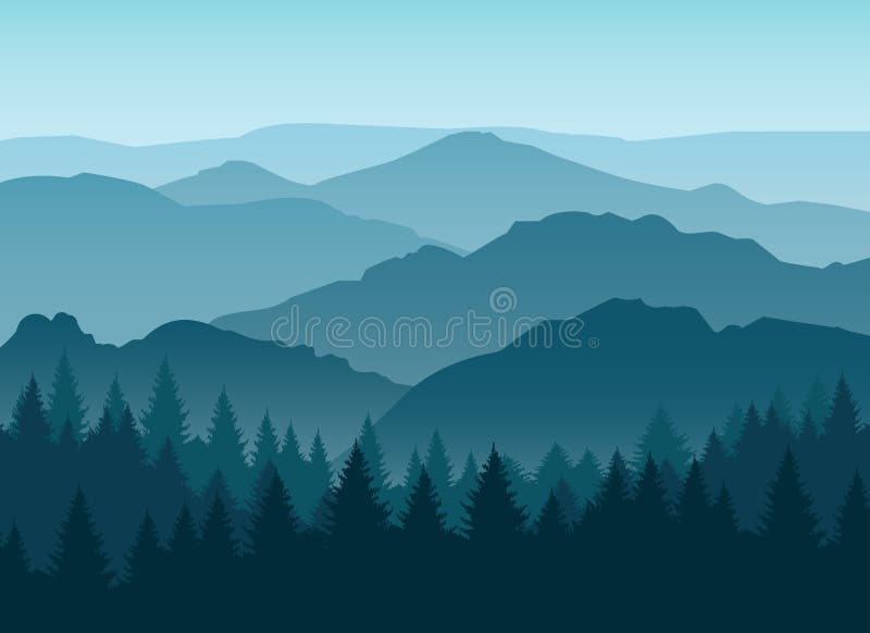 De nevelige blauwe berg silhouetteert achtergrond