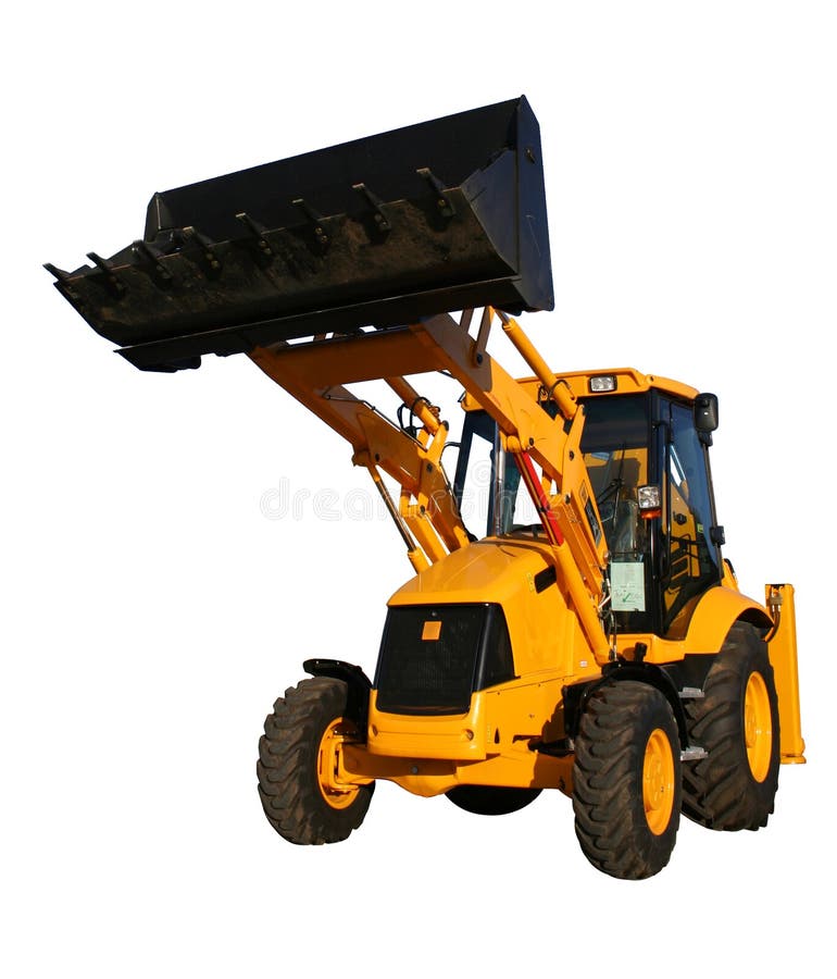 De nieuwe bulldozer van gele kleur met de opgeheven emmer stock foto De nieuwe bulldozer van gele kleur met de opgeheven emmer stock foto