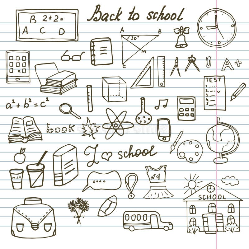 De nouveau aux griffonnages peu précis de carnet de fournitures scolaires réglés avec le lettrage, conception tirée par la main d illustration stock De nouveau aux griffonnages peu précis de carnet de fournitures scolaires réglés avec le lettrage, conception tirée par la main d illustration stock