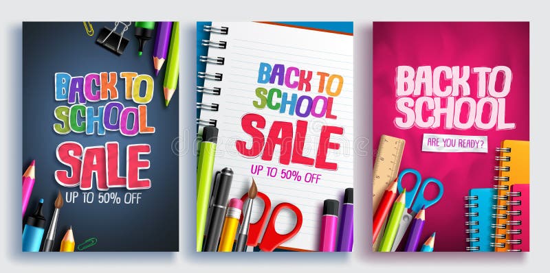 De nouveau à l'affiche de vecteur de vente d'école la conception a placé avec les fournitures scolaires colorées, articles éducat illustration stock De nouveau à l'affiche de vecteur de vente d'école la conception a placé avec les fournitures scolaires colorées, articles éducat illustration stock