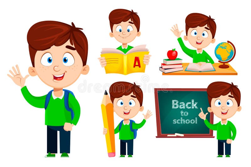 De nouveau à l'école, ensemble de cinq poses Gar?on mignon illustration libre de droits De nouveau à l'école, ensemble de cinq poses Gar?on mignon illustration libre de droits