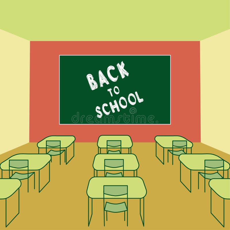 De nouveau à la craie de dessin des textes d'école dans la salle de classe de tableau noir intérieure avec des bureaux et des cha illustration de vecteur De nouveau à la craie de dessin des textes d'école dans la salle de classe de tableau noir intérieure avec des bureaux et des cha illustration de vecteur